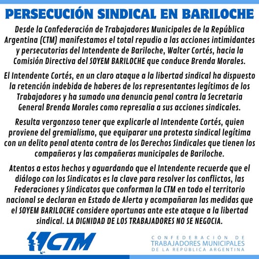 PERSECUCION SINDICAL EN BARILOCHE